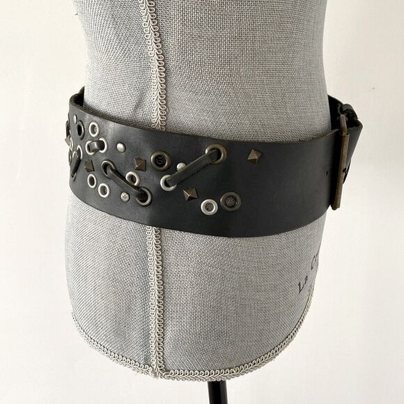Black 3”W Silver Studded Leather Belt sz M Moto, Boho, Festival Modern Emo Goth - Picture 4 of 14